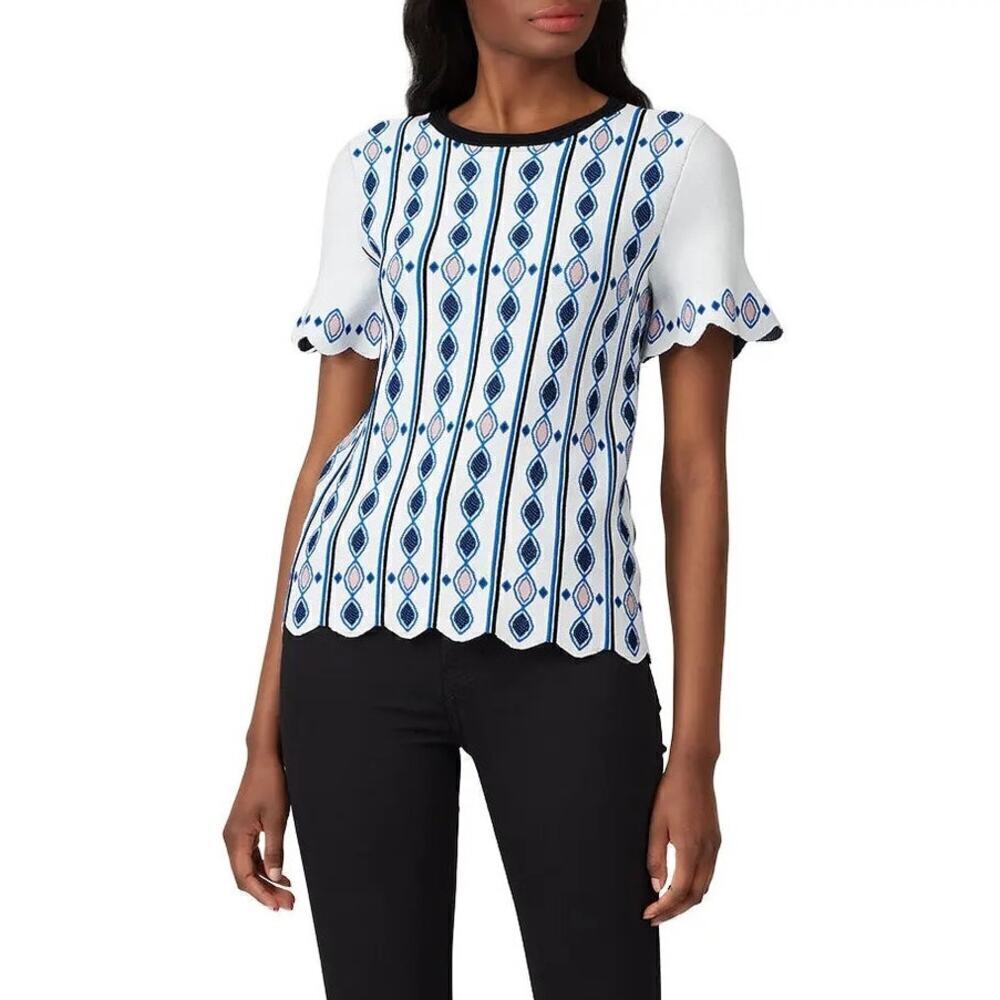 Shoshanna Raia Top Geometric Scalloped Short Sleeve Knit Blouse Blue White S